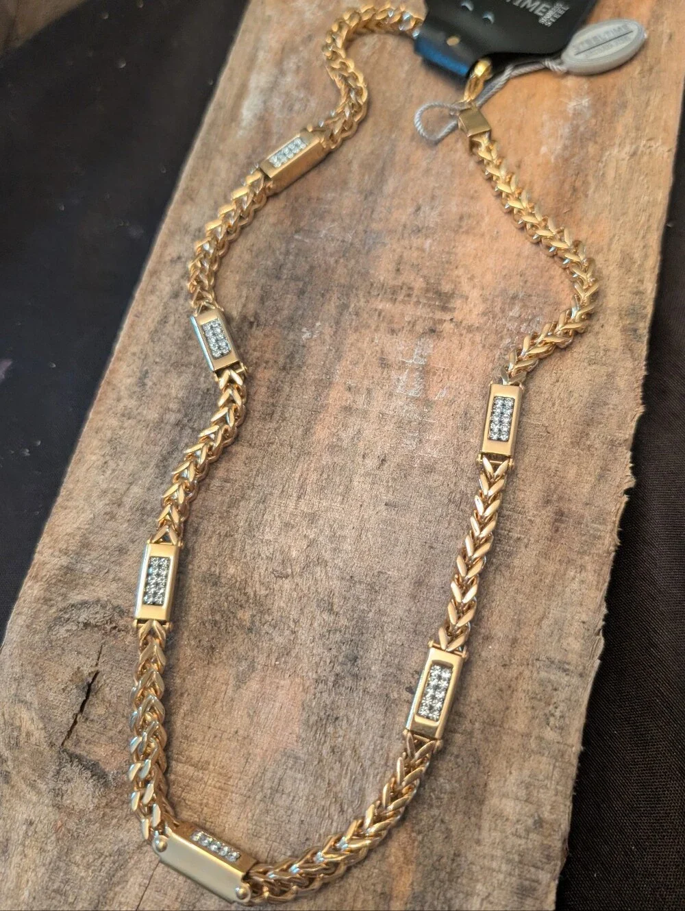 STEELTIMEMen's 18k Gold Plated Stainless Steel Wheat Chain and Simulated Diamond